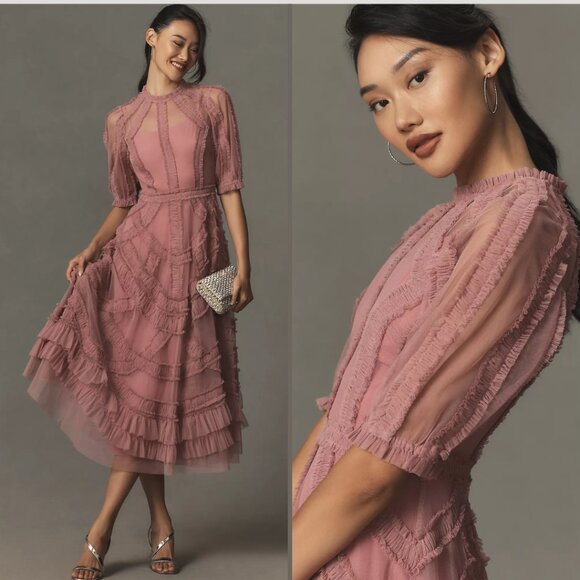 Anthropologie‎ Mac Duggal 8058 Pink High Neck Micro Ruffle Tiered Midi Dress - Picture 2 of 6